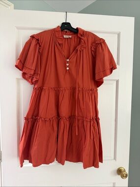 Tiered Mini Dress with Ruffle Sleeves - Rust